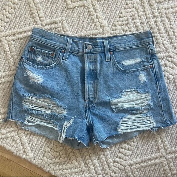 Levi’s 501 Distressed Blue Denim Shorts - Picture 1 of 6